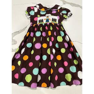 Marmellata Girls Size 4 Brown Smocked Polka Dot Dress Scarecrow Design